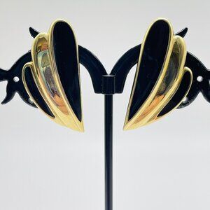 TRIFARI Signed Gold Tone Black Enamel Pierced Earrings 1980s Fan Wings